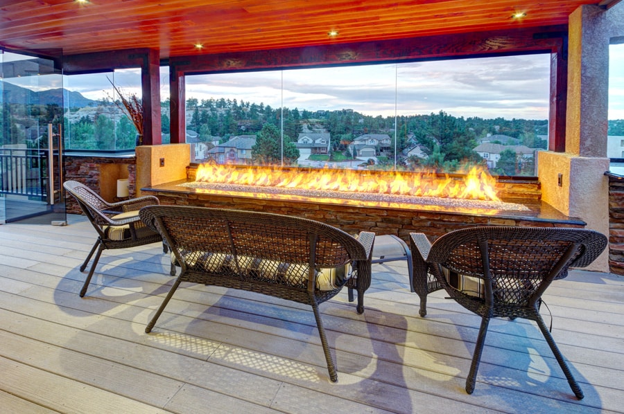 Custom firepit, custom glass, patio cover, Rain Escape Drainage system