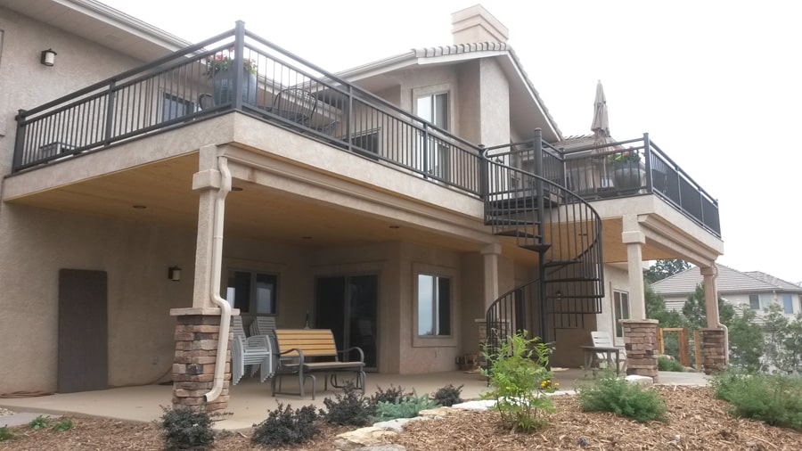 Timbertech decking, custom wrought iron railing, spiral stairs, Rockrimmon